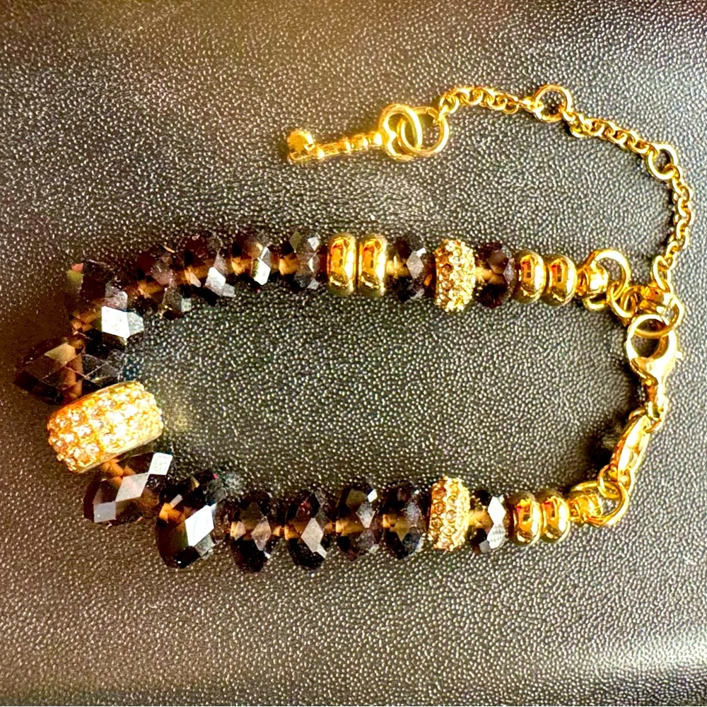 Sparkly Brown and Gold-Tone Metallic Beaded Bracelet with Lobster Clasp